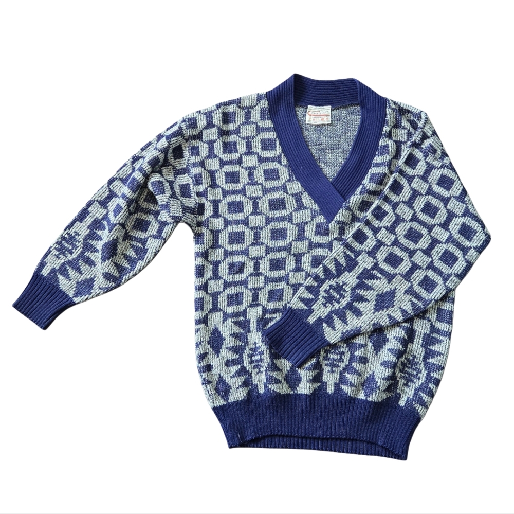 Vtg Abstract Sweater Size L 90s‎ Y2K GrandpaCore Ski Retro Preppy V-Neck